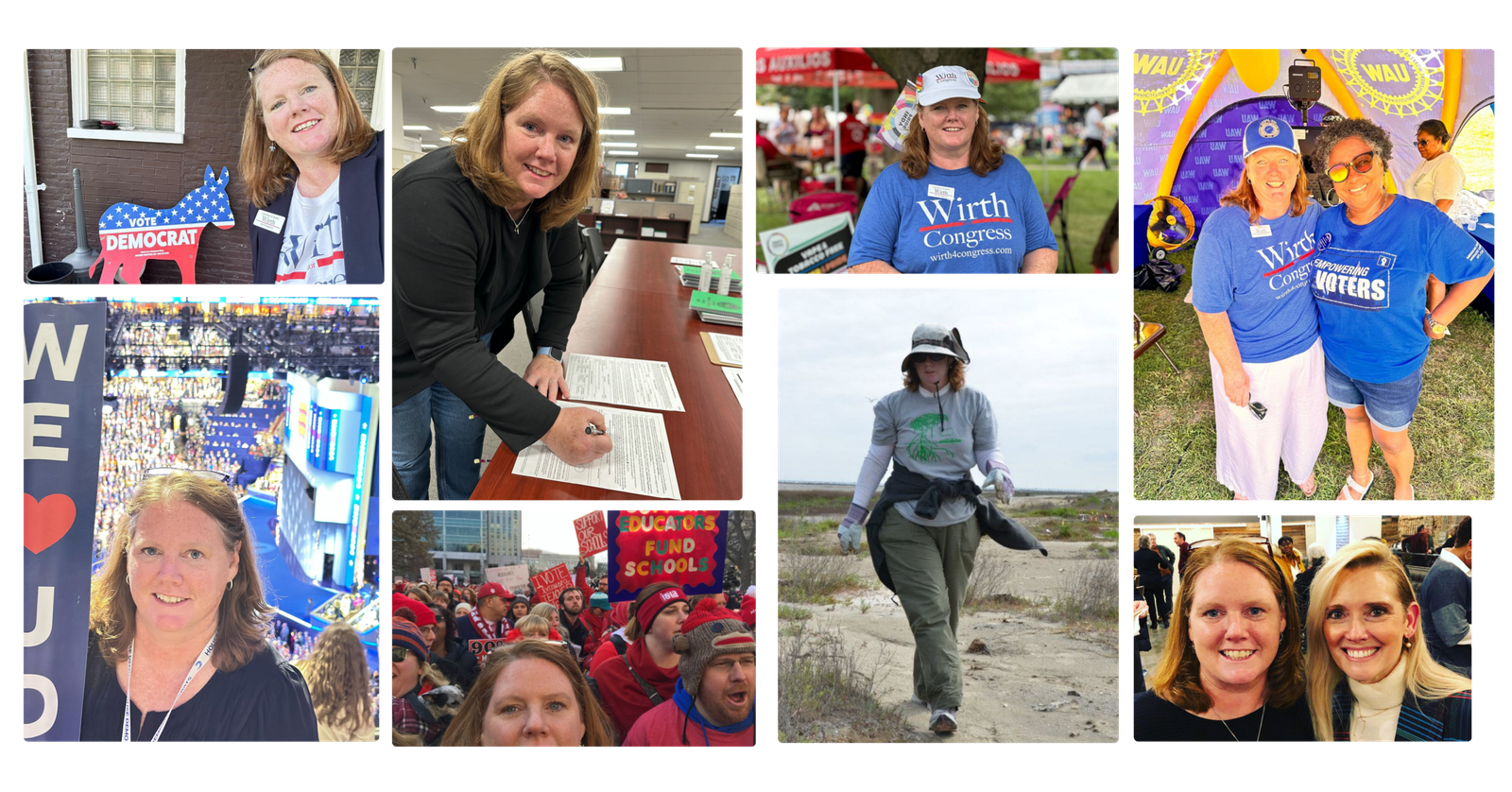A collection of images shows Cinde out on the campaign trail, filing for office, marching in protests and posing with friends.